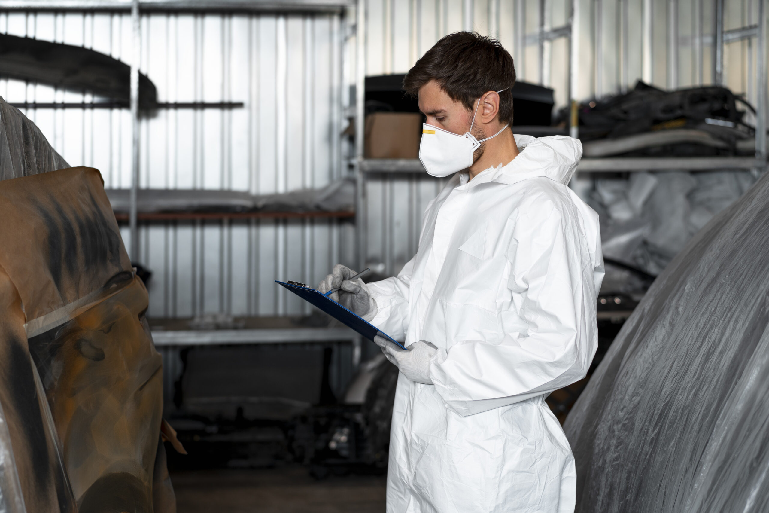 Male mold inspector in a white hazmat suit and mask conducting an assessment in a car shop, holding a clipboard for comprehensive mold inspection and testing services in Southwest Florida.