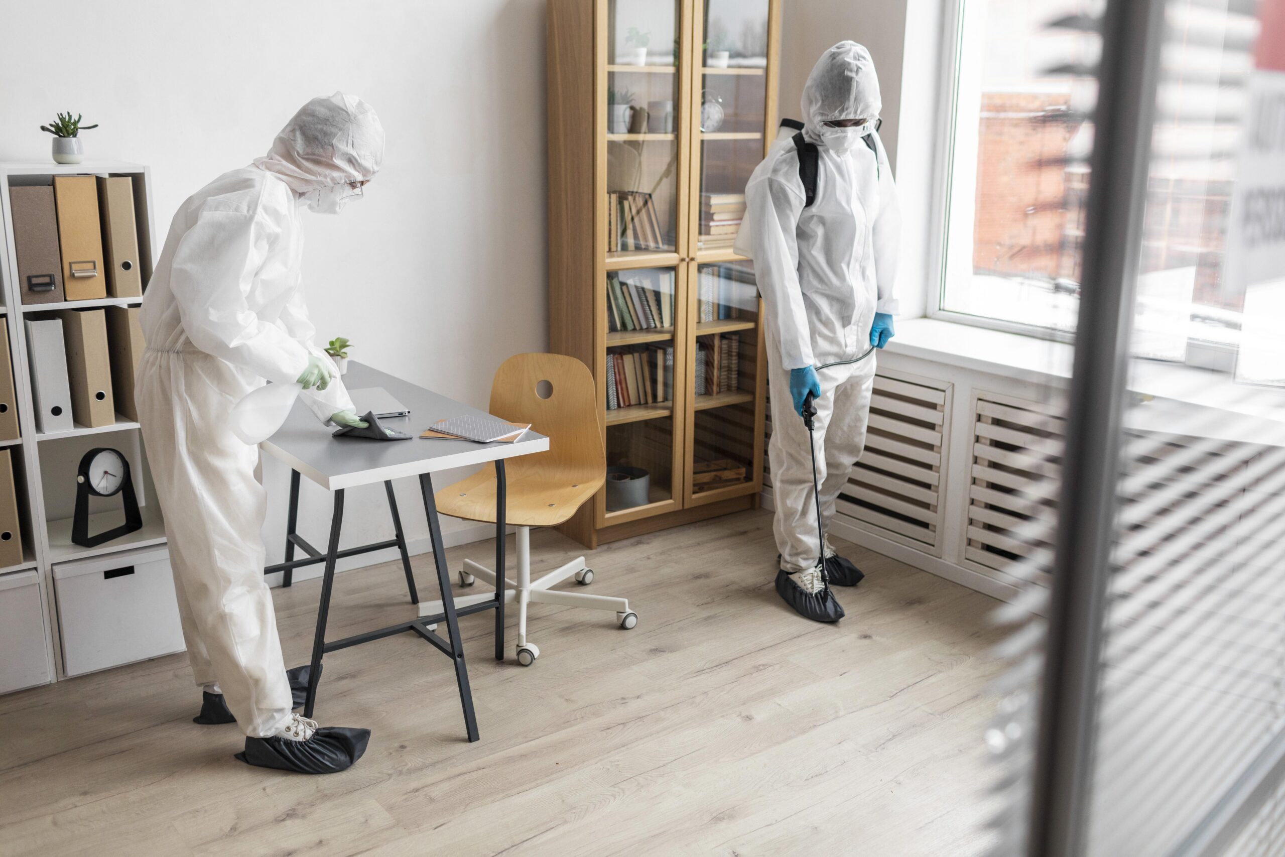 Professionals in protective equipment disinfecting an indoor space, emphasizing mold inspection and remediation services in SWFL homes.