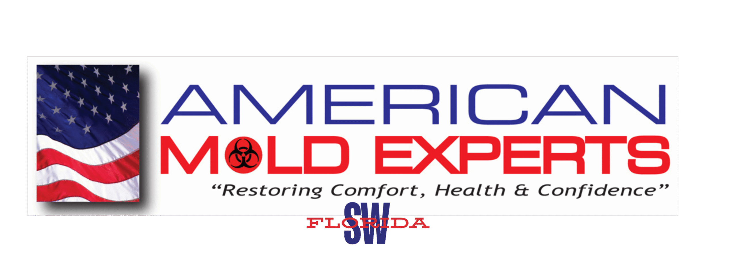 American Mold Experts logo featuring American flag, biohazard symbol, and tagline "Restoring Comfort, Health & Confidence" in Southwest Florida context.