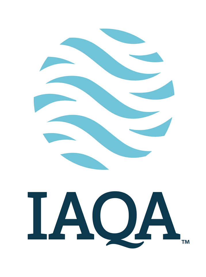 IAQA logo featuring stylized blue waves above the text "IAQA," representing indoor air quality and mold remediation expertise relevant to American Mold Experts in Southwest Florida.